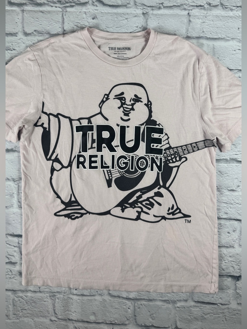 True Religion Buddha Guitar Graphic Tee Pink Logo T Shirt Mens Medium Y2K